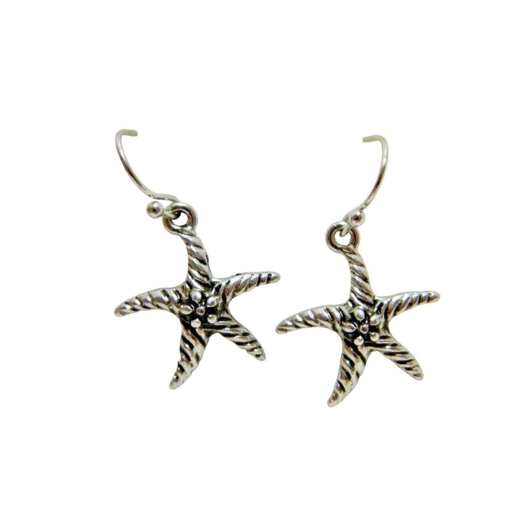 Starfish Earrings Pierced Fishhook Style Antiqued Silver Tone .5" Lightweight